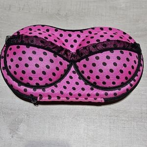Pink Polka Dot & Black Lace Bra Travel Case. NWOT